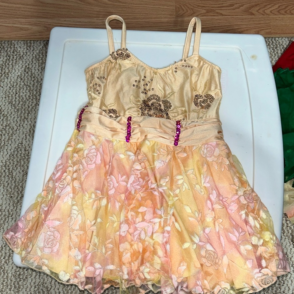 Gold yellow and pink lyrical dance costume dress with briefs